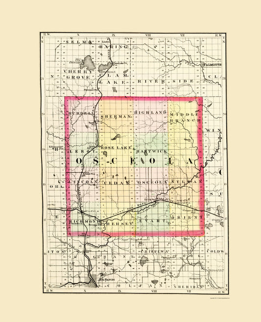 Historic County Map - Osceola Michigan County - Walling 1873 - Vintage Wall Art