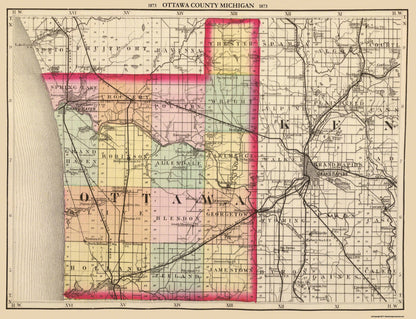 Historic County Map - Ottawa County Michigan - Walling 1873 - 30 x 23 - Vintage Wall Art