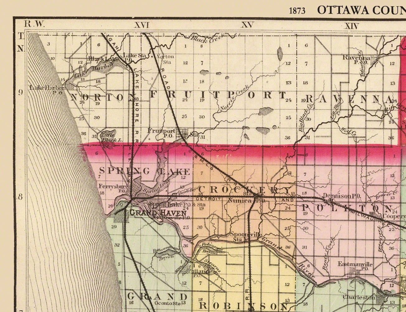 Historic County Map - Ottawa County Michigan - Walling 1873 - 30 x 23 - Vintage Wall Art