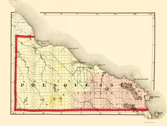Historic County Map - Presque Isle County Michigan - Walling 1873 - Vintage Wall Art