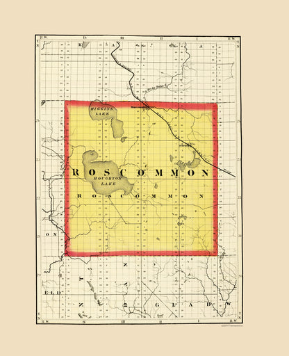 Historic County Map - Roscommon County Michigan - Walling 1873 - 23 x 28.30 - Vintage Wall Art