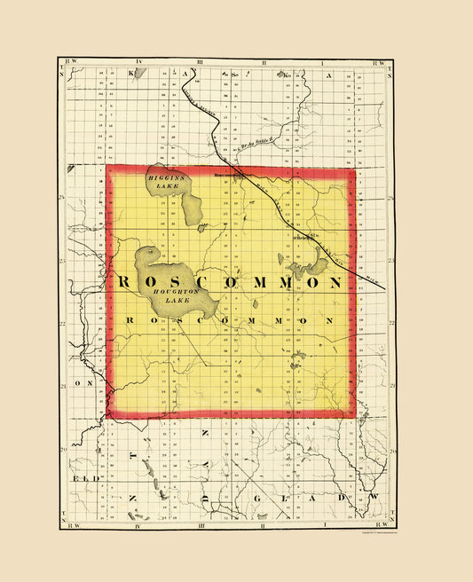 Historic County Map - Roscommon County Michigan - Walling 1873 - Vintage Wall Art