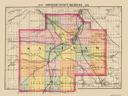 Historic County Map - Saginaw County Michigan - Walling 1873 - 30.38 x 23 - Vintage Wall Art