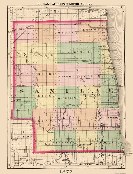Historic County Map - Sanilac County Michigan - Walling 1873 - Vintage Wall Art