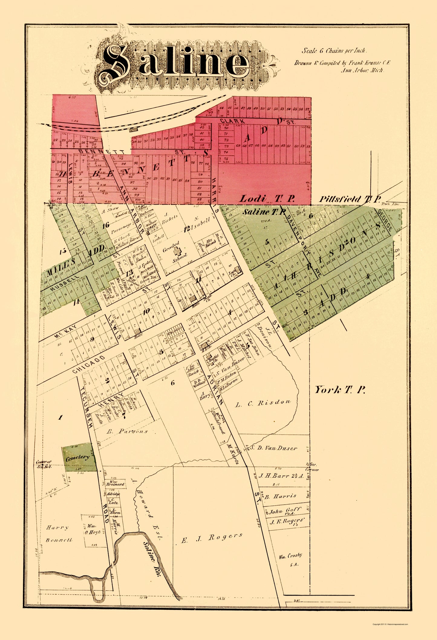 Historic City Map - Saline Michigan - Krause 1874 - 23 x 33.71 - Vintage Wall Art