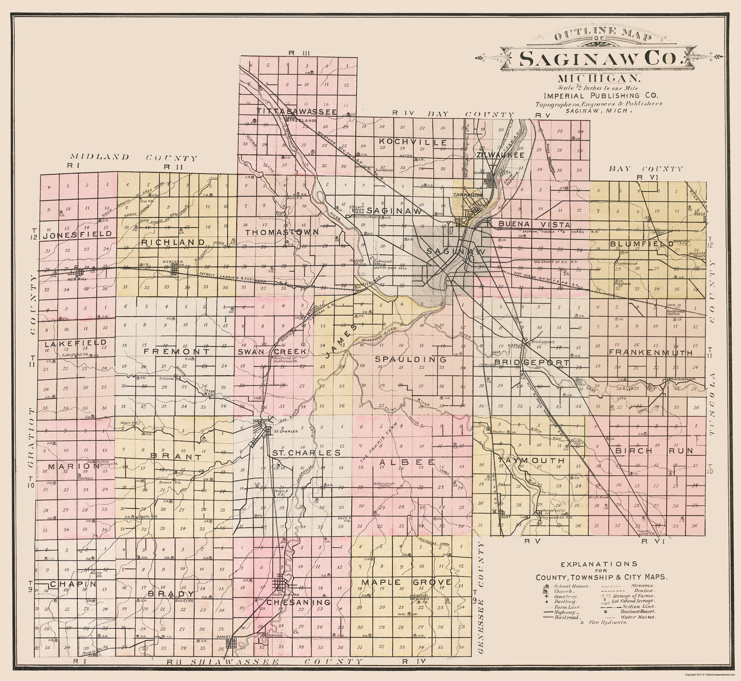 Historic County Map - Saginaw County Michigan - Imperial 1896 - 23 x 25.00 - Vintage Wall Art