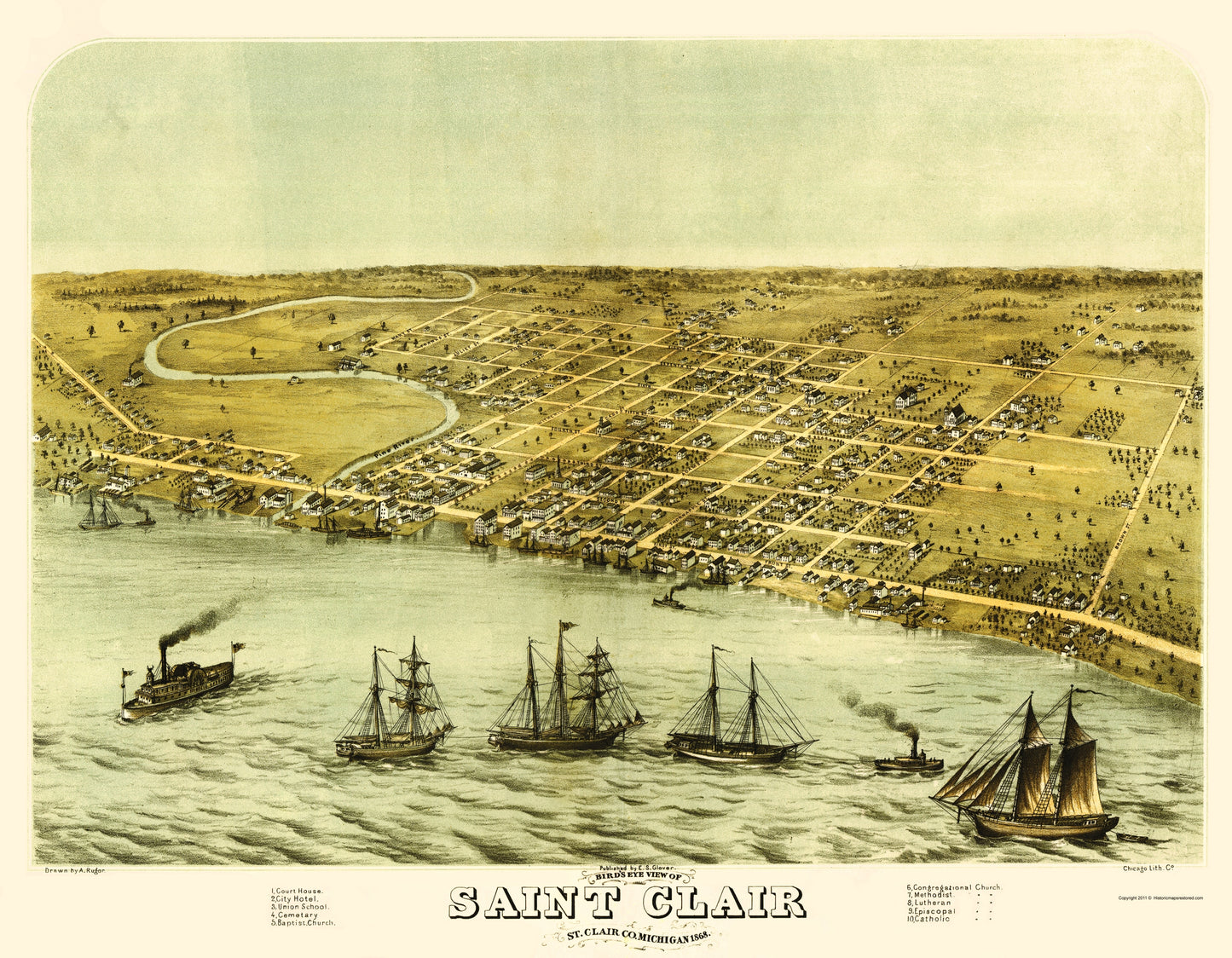 Historic Panoramic View - Saint Clair Michigan - Glover 1868 - 23 x 29.58 - Vintage Wall Art