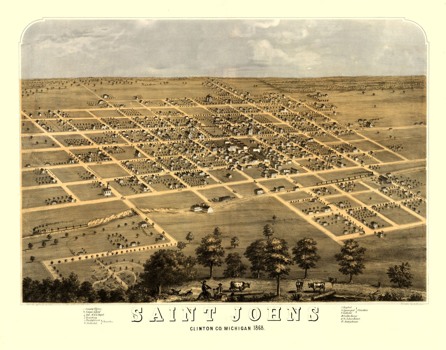 Historic Panoramic View - Saint Johns Michigan - Ruger 1868 - 29.30 x 23 - Vintage Wall Art