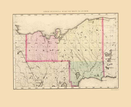 Historic County Map - Schoolcraft County Michigan - Walling 1873 - 23 x 28.30 - Vintage Wall Art