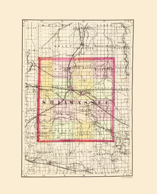 Historic County Map - Shiawassee County Michigan - Walling 1873 - Vintage Wall Art