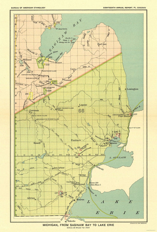 Historic State Map - Michigan Saginaw Lake  Lake Erie - Hoen 1896 - 23 x 34.02 - Vintage Wall Art