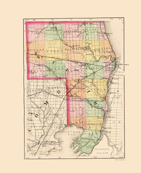 Historic County Map - St Clair County Michigan - Walling 1873 - Vintage Wall Art