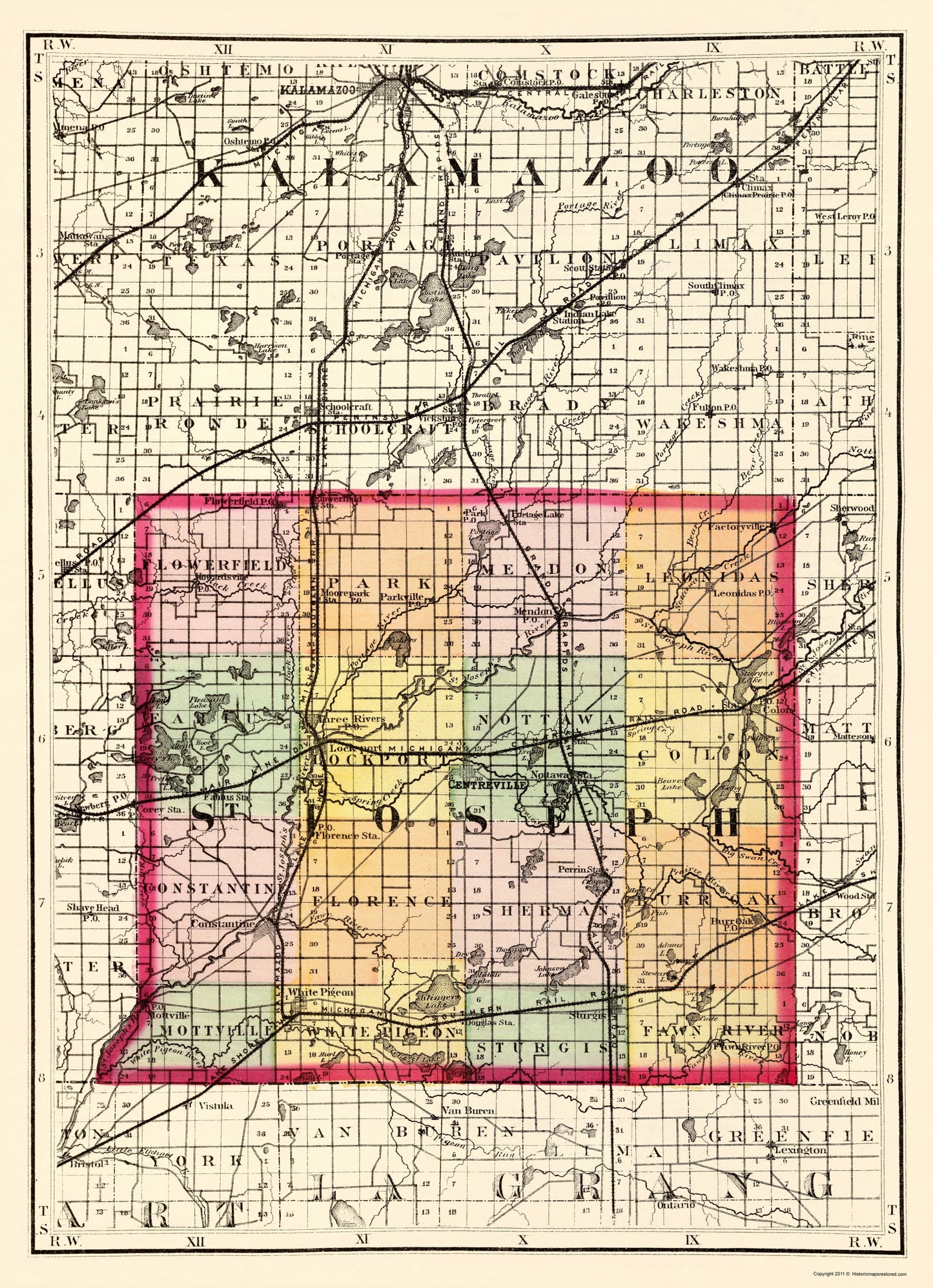 Historic County Map - St Joseph County Michigan - Walling 1873 - 23 x 31.74 - Vintage Wall Art