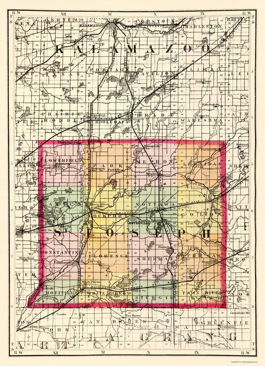 Historic County Map - St Joseph County Michigan - Walling 1873 - Vintage Wall Art