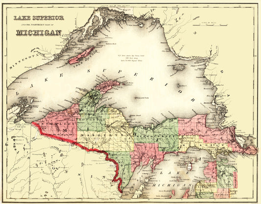 Historic State Map - Lake Superior Michigan - Gray 1873 - 23 x 29.44 - Vintage Wall Art