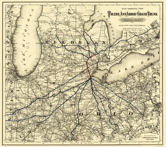 Railroad Map - Toledo Ann Arbor and Grand Trunk Railway - Colton 1881 - 23 x 25 - Vintage Wall Art
