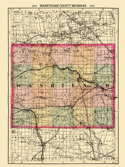 Historic County Map - Washtenaw County Michigan - Walling 1873 - 23 x 30.63 - Vintage Wall Art