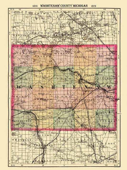 Historic County Map - Washtenaw County Michigan - Walling 1873 - Vintage Wall Art