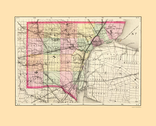 Historic County Map - Wayne County Michigan - Walling 1873 - Vintage Wall Art