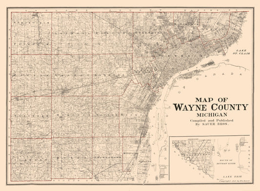 Historic County Map - Wayne County Michigan - Sauer 1915 - 31.38 x 23 - Vintage Wall Art