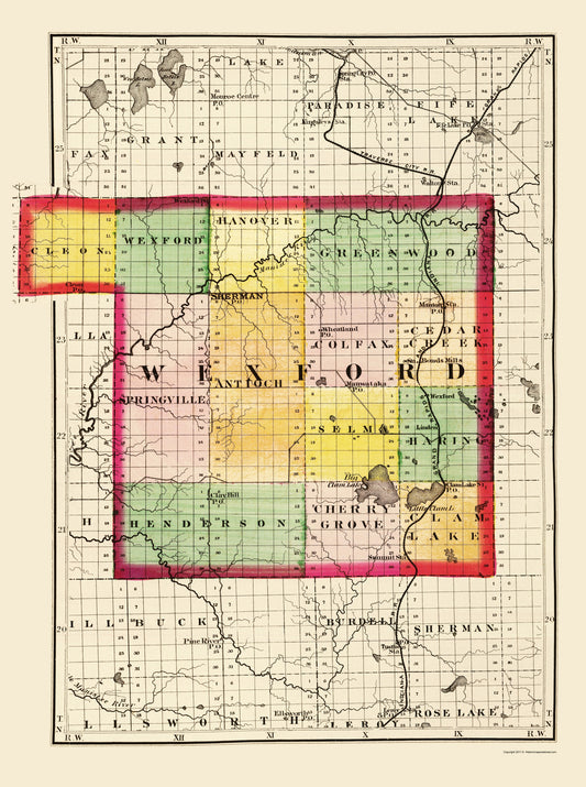 Historic County Map - Wexford County Michigan - Walling 1873 - Vintage Wall Art