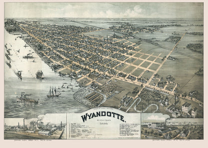 Historic Panoramic View - Wyandotte Michigan - Moyer 1896 - 32.33 x 23 - Vintage Wall Art