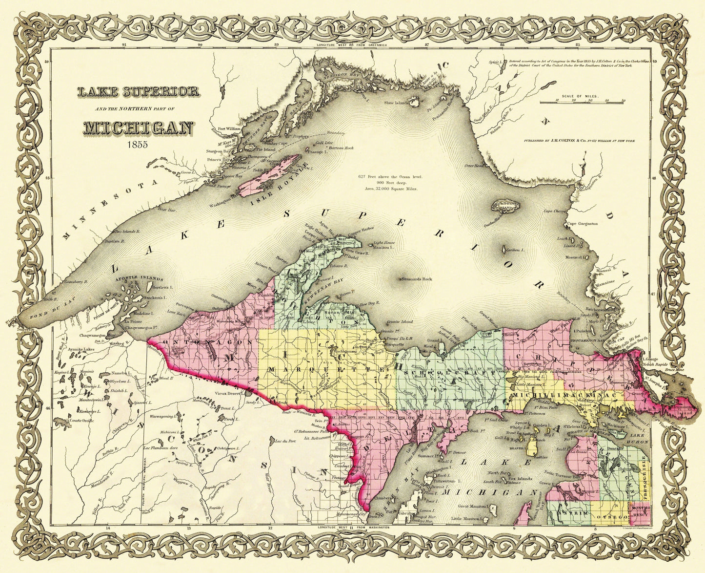 Historic State Map - Michigan Upper Peninsula - Colton 1855 - 28.31 x 23 - Vintage Wall Art