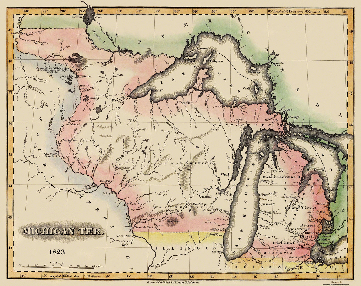 Historic State Map - Michigan Territory - Lucas 1823 - 29 x 23 - Vintage Wall Art