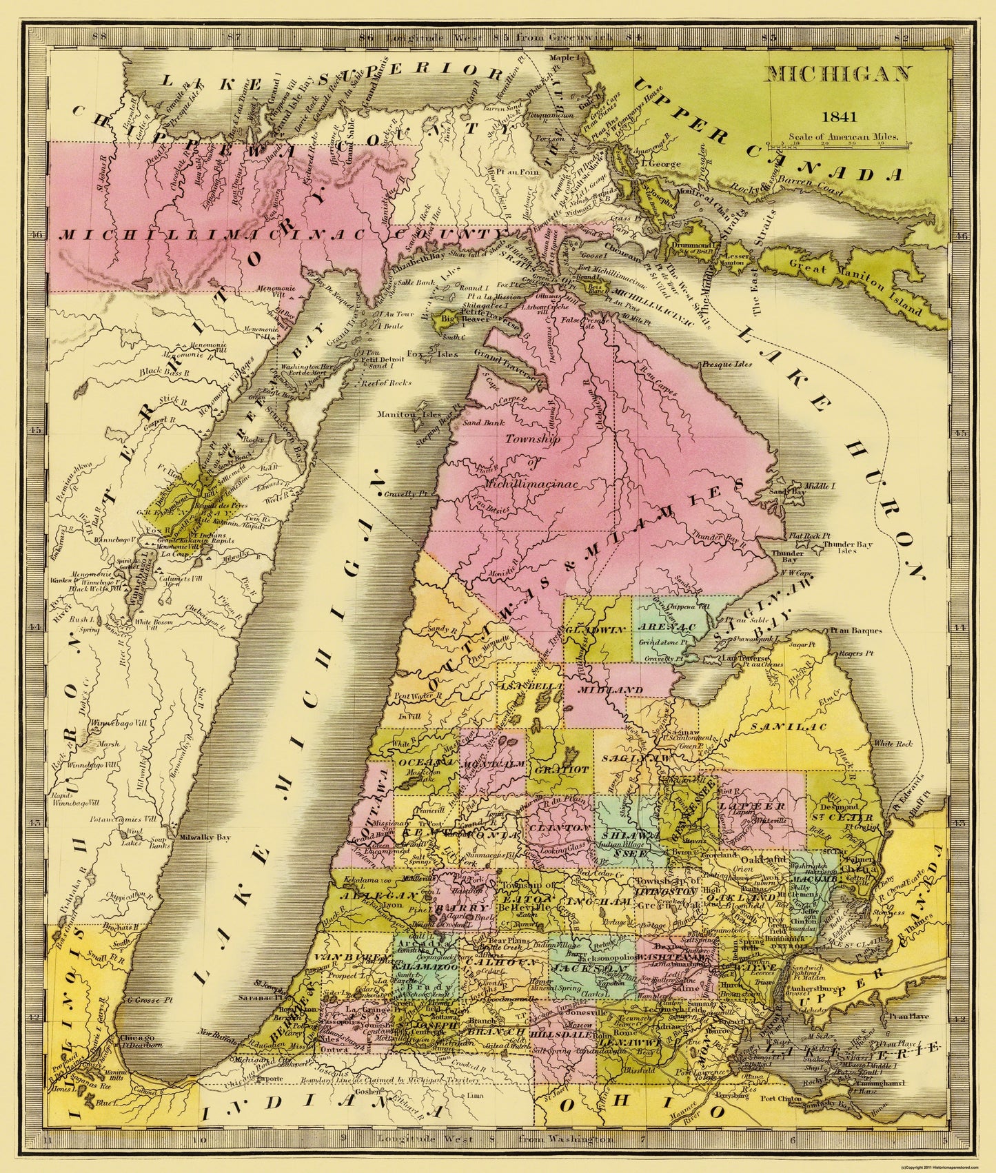 Historic State Map - Michigan - Greenleaf 1841 - 23 x 27.06 - Vintage Wall Art