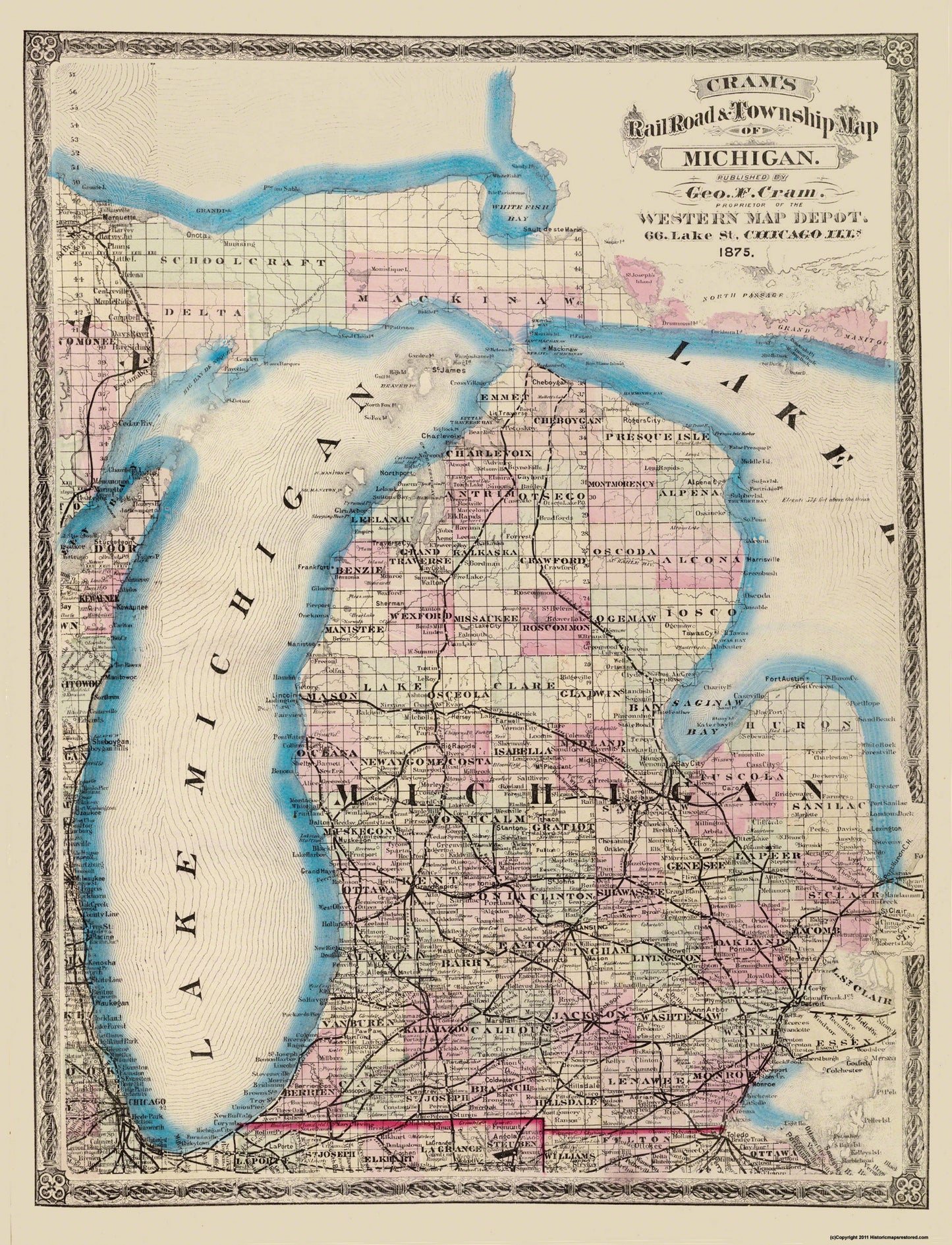 Historic State Map - Michigan - Cram 1875 - 23 x 30.06 - Vintage Wall Art