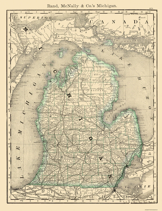 Historic State Map - Michigan - Rand McNally 1879 - 23 x 30 - Vintage Wall Art