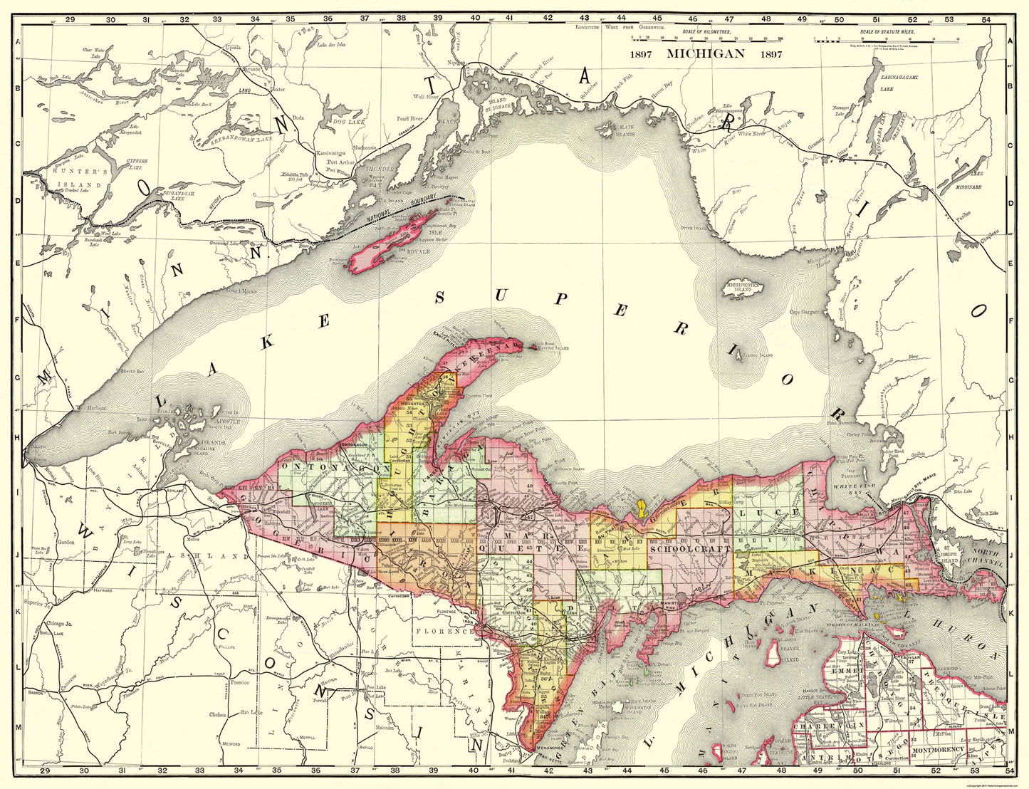 Historic State Map - Michigan Upper Peninsula - Rand McNally 1897 - 30 x 23 - Vintage Wall Art