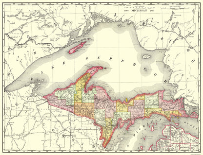 Historic State Map - Michigan Upper Peninsula - Rand McNally 1897 - 30 x 23 - Vintage Wall Art