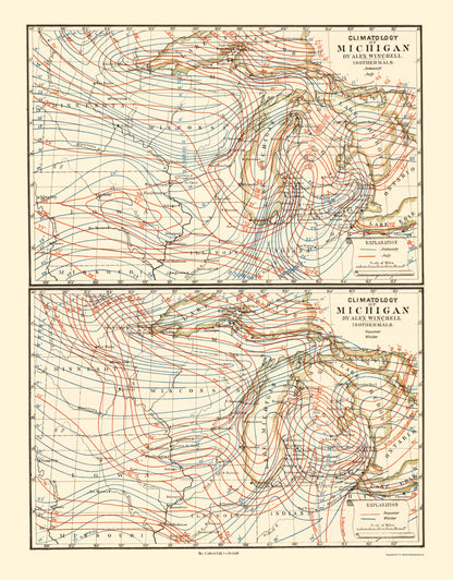 Historic State Map - Michigan Climatology Summer Winter - Tackabury 1873 - 23 x 29 - Vintage Wall Art