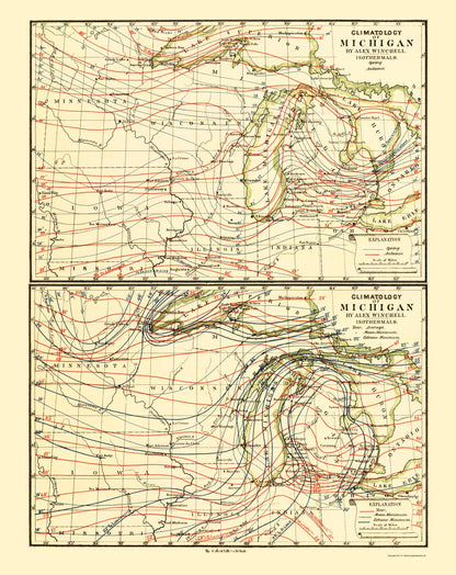 Historic State Map - Michigan Climatology Spring Autumn - Tackabury 1873 - 23 x 29 - Vintage Wall Art