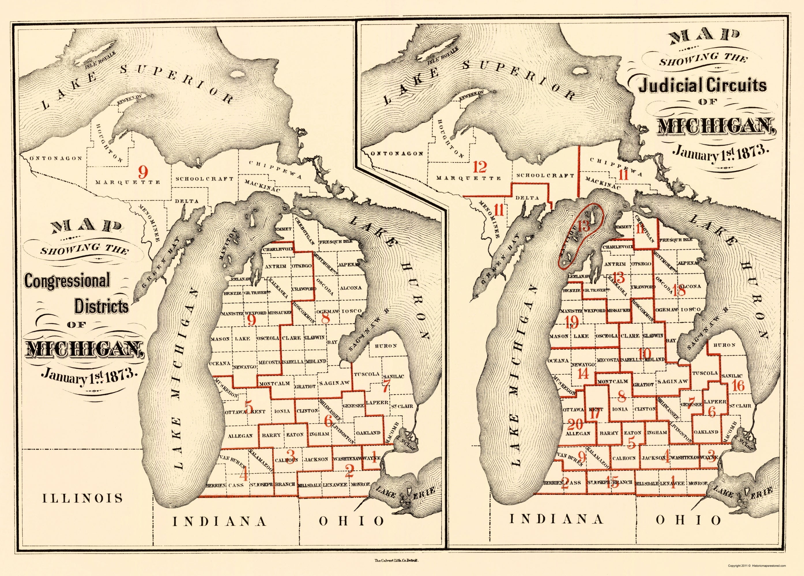 Historic State Map - Michigan Congressional Districts - Calvert 1873 ...