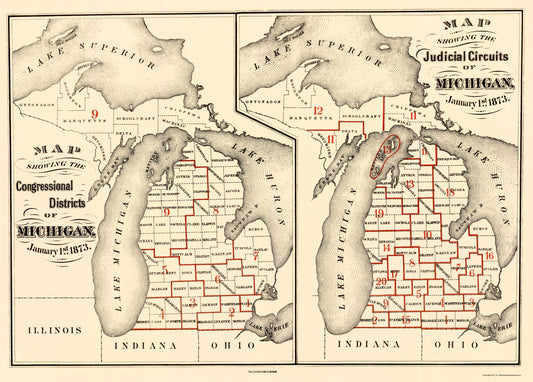 Historic State Map - Michigan Congressional Districts - Calvert 1873 - 23 x 32 - Vintage Wall Art