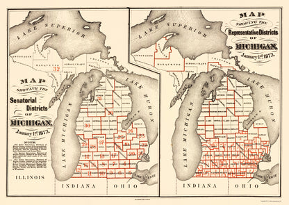 Historic State Map - Michigan Senatorial Districts - Calvart  1873 - 23 x 32 - Vintage Wall Art