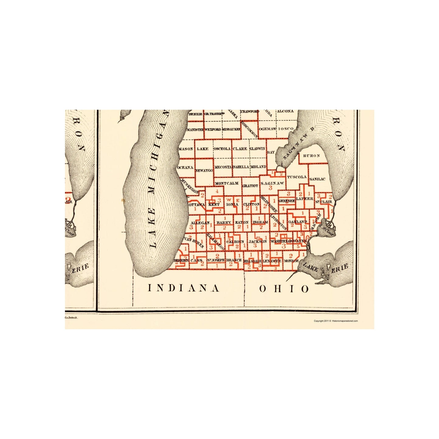 Historic State Map - Michigan Senatorial Districts - Calvart  1873 - 23 x 32 - Vintage Wall Art