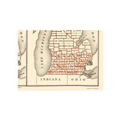 Historic State Map - Michigan Senatorial Districts - Calvart  1873 - 23 x 32 - Vintage Wall Art