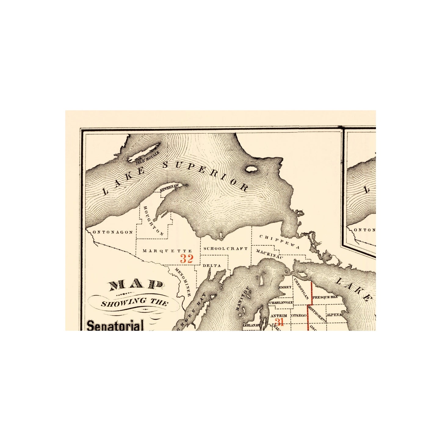 Historic State Map - Michigan Senatorial Districts - Calvart  1873 - 23 x 32 - Vintage Wall Art