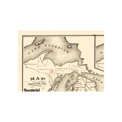 Historic State Map - Michigan Senatorial Districts - Calvart  1873 - 23 x 32 - Vintage Wall Art