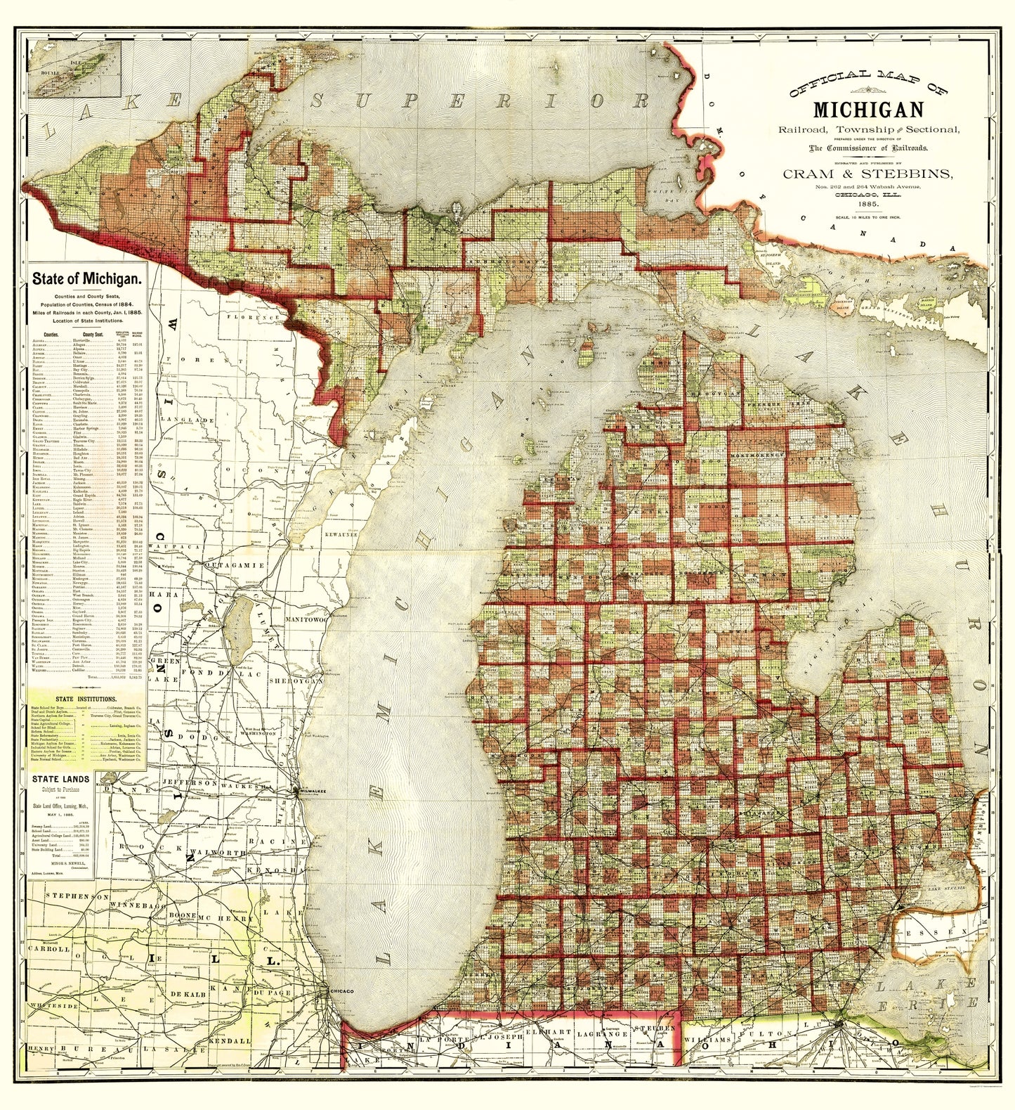 Historic State Map - Michigan - Cram 1885 - 23 x 25.13 - Vintage Wall Art