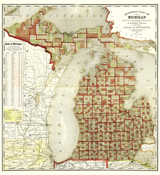 Historic State Map - Michigan - Cram 1885 - 23 x 25.13 - Vintage Wall Art