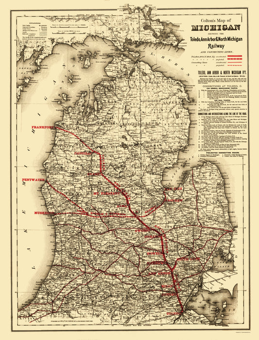 Railroad Map - Toledo Ann Arbor and North Michigan Railway - Colton 1886 - 23 x 30 - Vintage Wall Art
