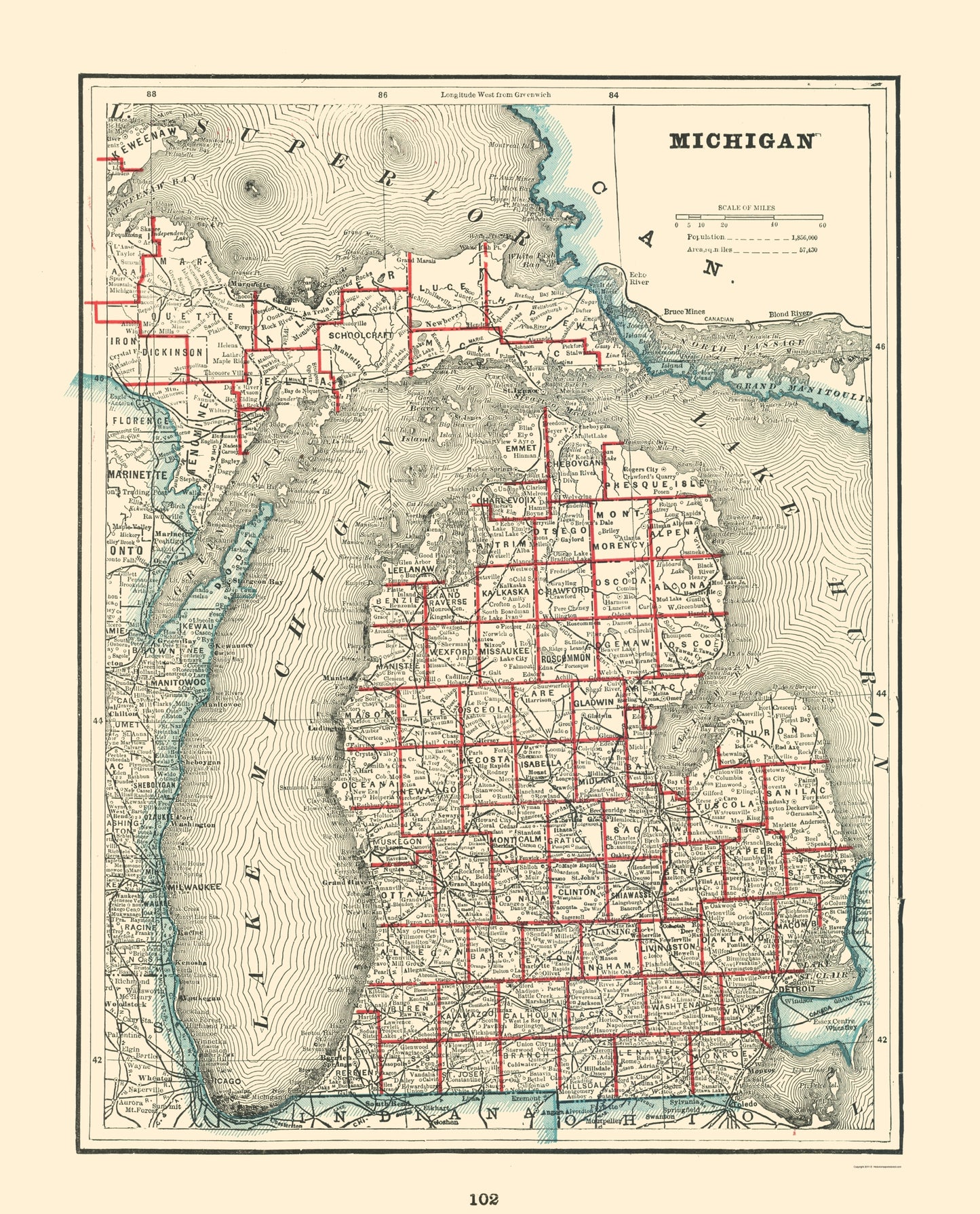 Historic State Map - Michigan - Rathbun 1893 - 23 x 28.50 - Vintage Wall Art