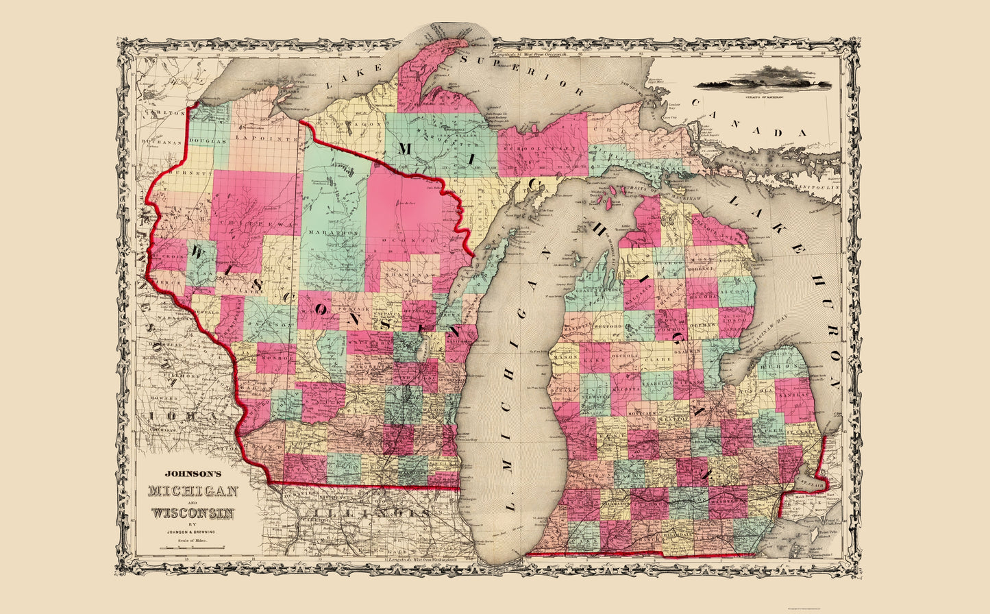 Historic State Map - Michigan Wisconsin - Johnson 1860 - 23 x 37.08 - Vintage Wall Art