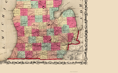 Historic State Map - Michigan Wisconsin - Johnson 1860 - 23 x 37.08 - Vintage Wall Art