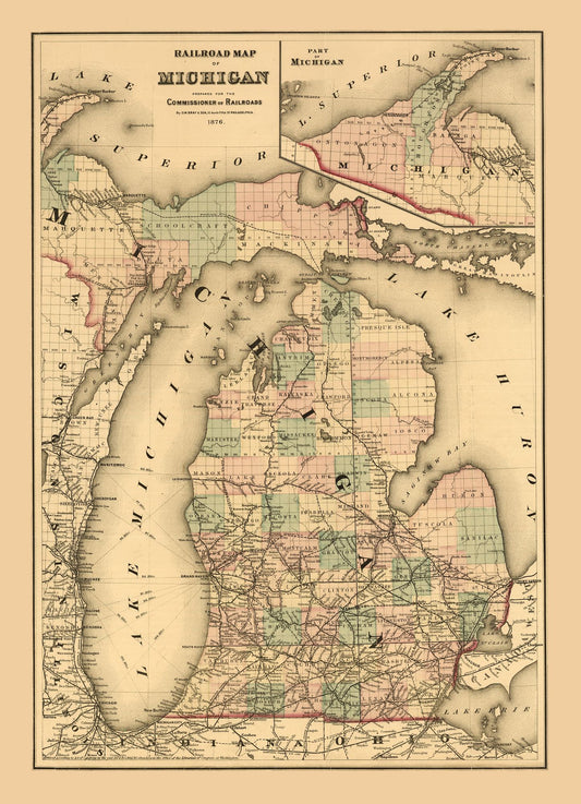 Railroad Map - Michigan Railroads - Gray 1876- 23 x 31.82 - Vintage Wall Art