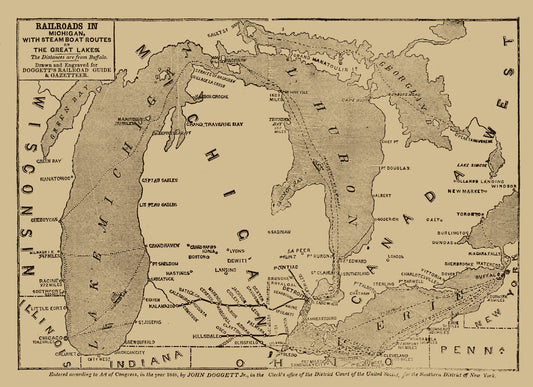 Railroad Map - Michigan Railroads - Doggett 1848 - 31.66 x 23 - Vintage Wall Art